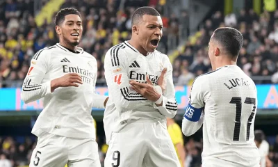 Kylian Mbappé celebrate goal with Jude Bellingham and Lucas Vázquez